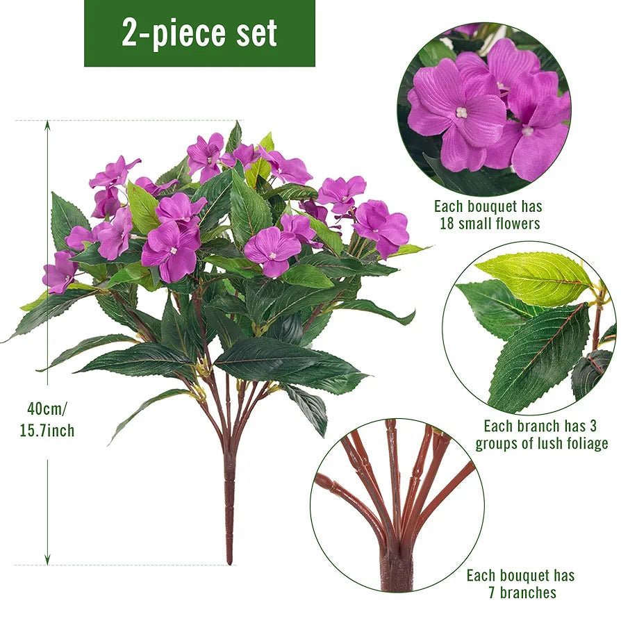 Uqueeten 2 Pieces Artificial Flower Impatiens for Balcony Garden Bonsai Decoration